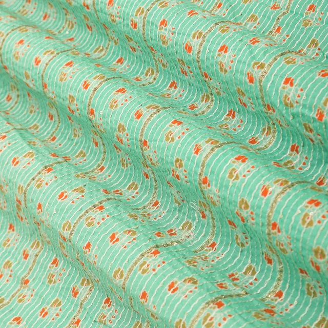 Tiffany Blue Cotton Floral Print Threadwork Embroidery Gota Work Fabric