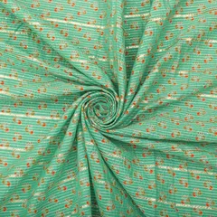 Tiffany Blue Cotton Floral Print Threadwork Embroidery Gota Work Fabric