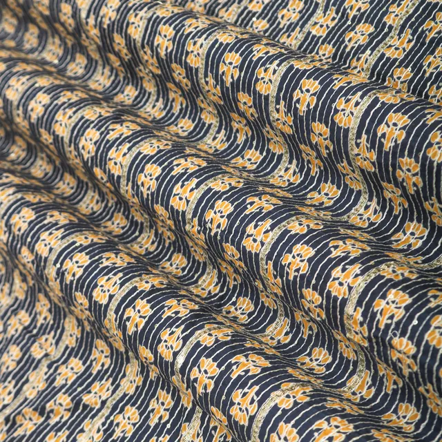 Royal Blue Cotton Floral Print Threadwork Embroidery Gota Work Fabric