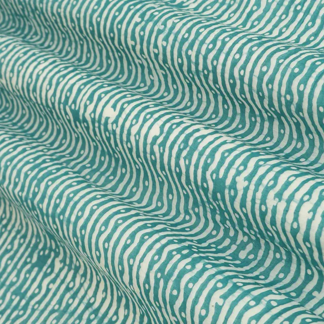 Teal Chanderi Batik Stripe Print Fabric