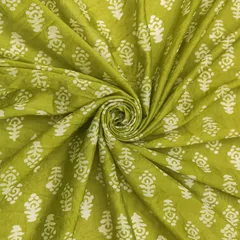 Parrot Green Chanderi Batik Floral Print Fabric