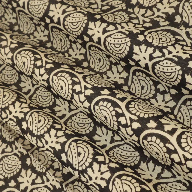 Charcoal Black Motif Print Kalamkari Lurex Embroidery Fabric