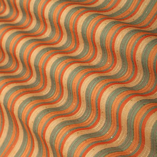 Cream & Orange Linen Stripe Pattern Print Sequin Embroidery Fabric