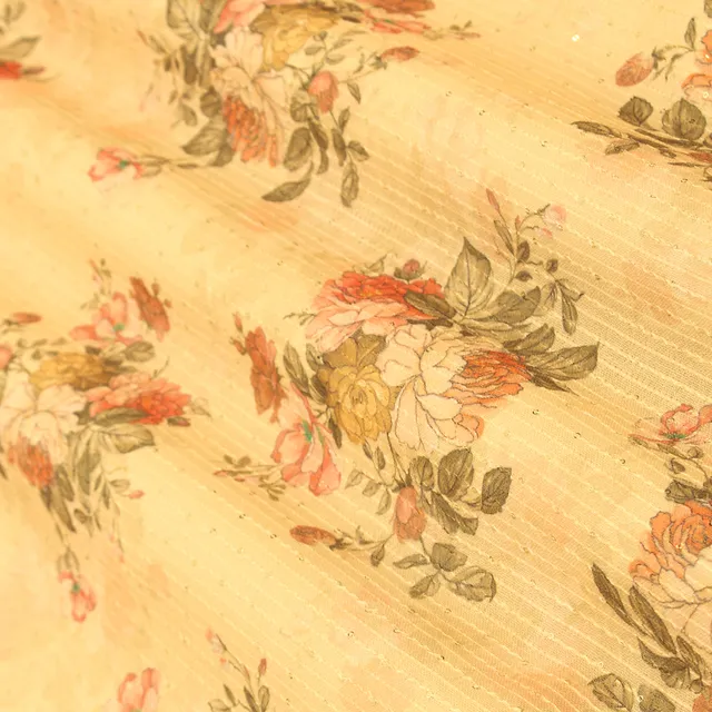 Beige Yellow Linen Floral Print Sequin Embroidery Fabric