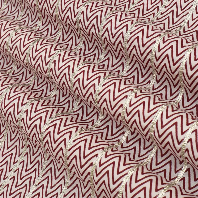 Burgendy Red and White Print Gota Embroidery Mulmul Silk Fabric
