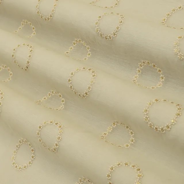 Mist White Chanderi Ring Sequins Embroidery Fabric