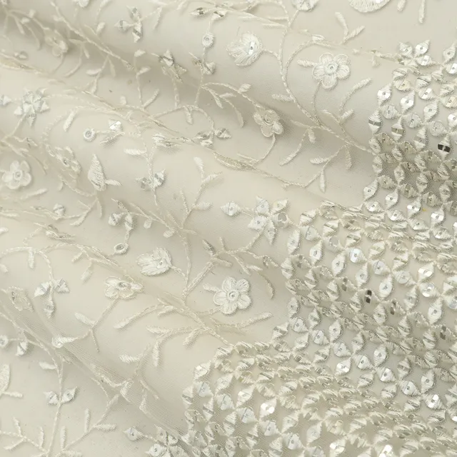 Mist White Net Floral Embroidery Fabric