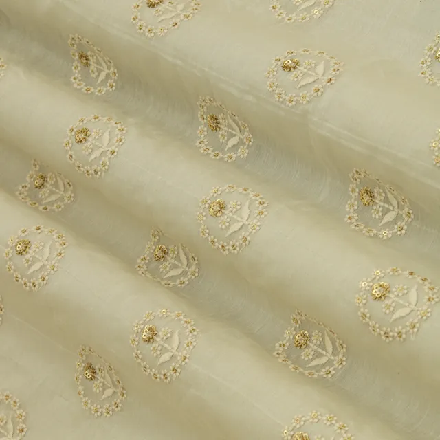 Chiffon White Chanderi Motif Threadwork Sequin Embroidery Fabric
