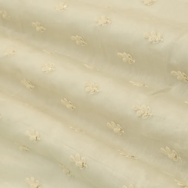 Cotton White Chanderi Floral Threadwork Sequin Embroidery Fabric