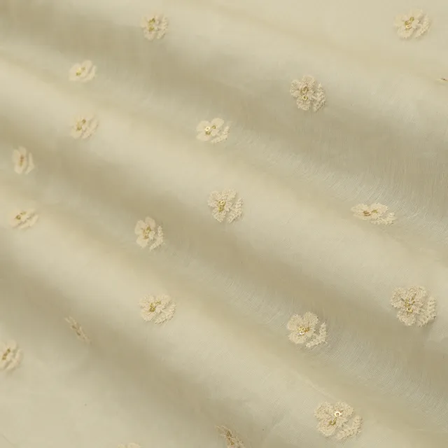 Linen White Chanderi Floral Threadwork Sequin Embroidery Fabric