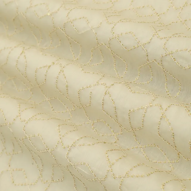 Cream Chanderi Threadwork Sequin Embroidery Fabric