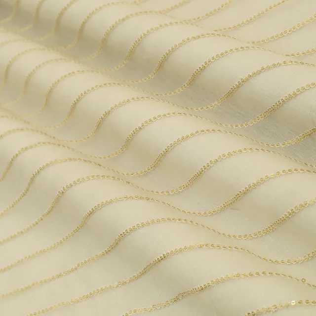 Porcelian White Chanderi Stripe Sequin Embroidery Fabric