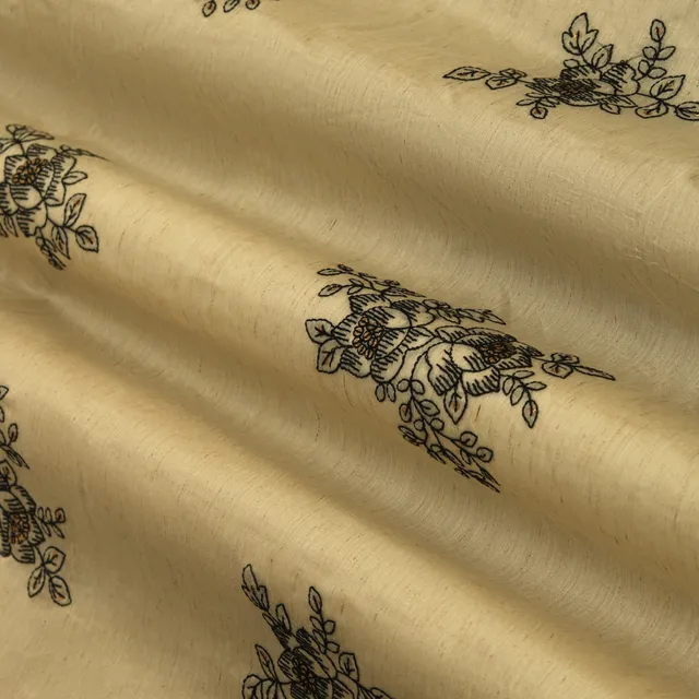 Cream Tussar Chanderi Floral Threadwork Sequin Embroidery Fabric