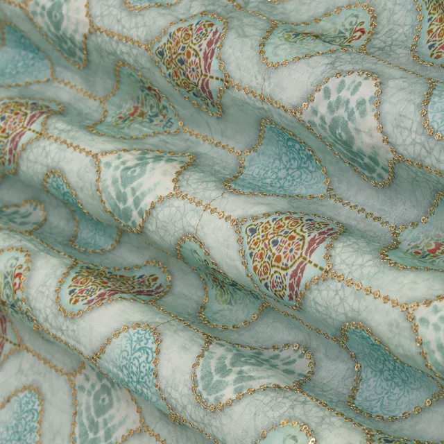 Baby Blue Muslin Floral Print Sequin Embroidery Fabric