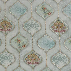 Baby Blue Muslin Floral Print Sequin Embroidery Fabric