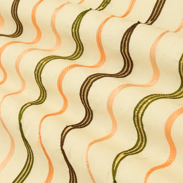 Off-White with Peach and Gold Embroidery Cotton Fabric