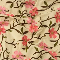 Off-White with Baby Pink Floral Embroidery Cotton Fabric