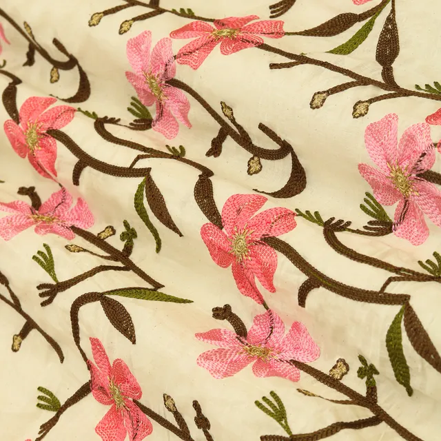 Off-White with Baby Pink Floral Embroidery Cotton Fabric