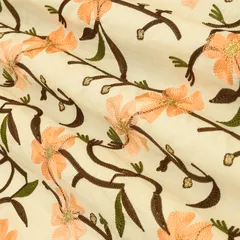 Off-White with Peach Floral Embroidery Cotton Fabric