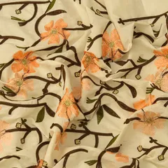 Off-White with Peach Floral Embroidery Cotton Fabric