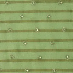 Mint Green with Gold Zari Stripe Embroidery Linen Fabric