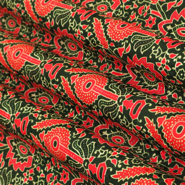 Black Cotton Vintage Red Floral Print Self Embroidery Fabric