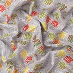 Smoke Gray Cotton Leaf Pattern Print Self Embroidery Fabric