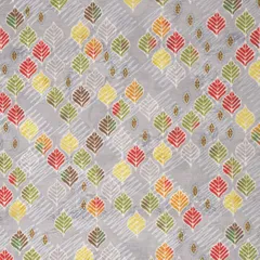 Smoke Gray Cotton Leaf Pattern Print Self Embroidery Fabric