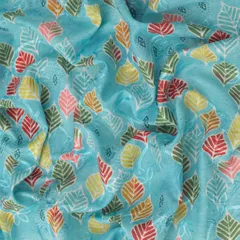 Sky Blue Cotton Leaf Pattern Print Self Embroidery Fabric