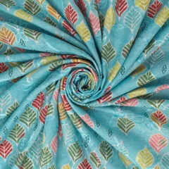 Sky Blue Cotton Leaf Pattern Print Self Embroidery Fabric