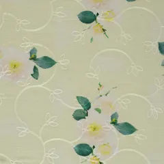 Chiffon White Cotton Floral Print Self Embroidery Fabric
