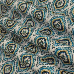 Blue Cotton Motif Print Self Embroidery Fabric