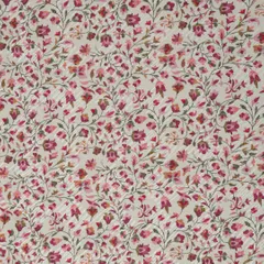Daisy White Cotton Magenta Floral Print Self Embroidery Fabric