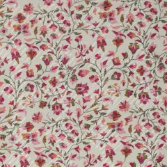 Daisy White Cotton Magenta Floral Print Self Embroidery Fabric