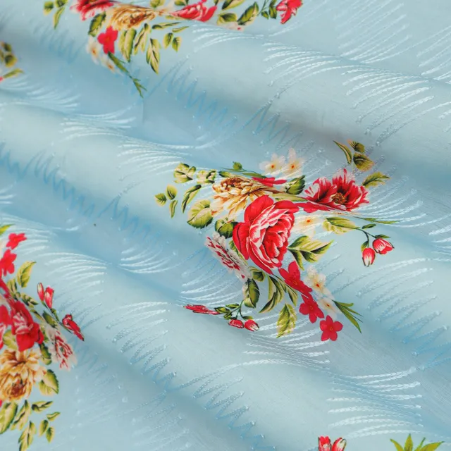Powder Blue Cotton Floral Print Self Embroidery Fabric