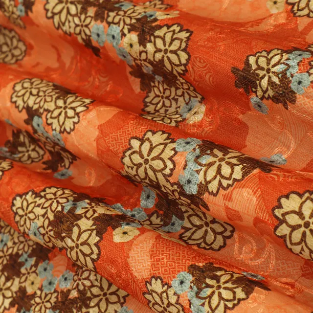 Tangerine Orange Cotton Floral Print Self Embroidery Fabric