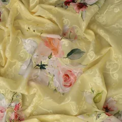 Pale Yellow Cotton Floral Print Self Embroidery Fabric