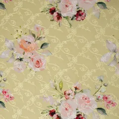 Pale Yellow Cotton Floral Print Self Embroidery Fabric