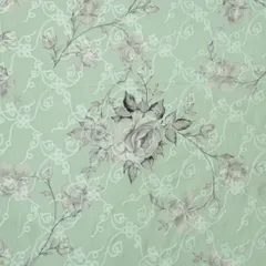 Tea Gren Cotton Floral Print Self Embroidery Fabric