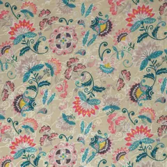 Wheatish Brown Cotton Floral Print Self Embroidery Fabric