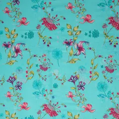 Aqua Blue Glace Cotton Floral Print Fabric