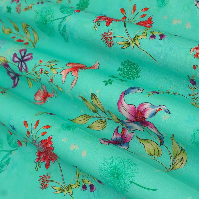 Turquoise Blue Glace Cotton Floral Print Fabric