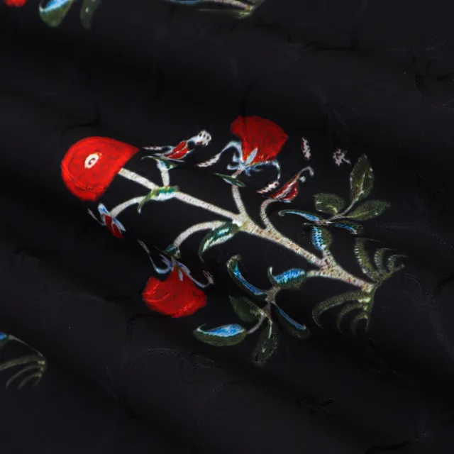 Dark Blue Cotton Floral Print Self Embroidery Fabric