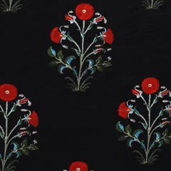 Dark Blue Cotton Floral Print Self Embroidery Fabric