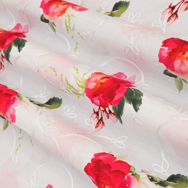 Rose Pink Cotton Floral Print Self Embroidery Fabric