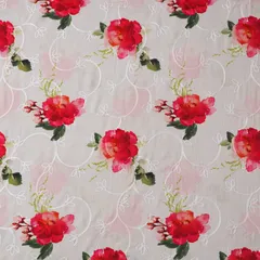 Rose Pink Cotton Floral Print Self Embroidery Fabric
