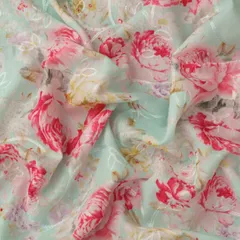 Caded Blue Cotton Floral Print Self Embroidery Fabric