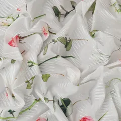 Pearl White Cotton Floral Print Self Embroidery Fabric