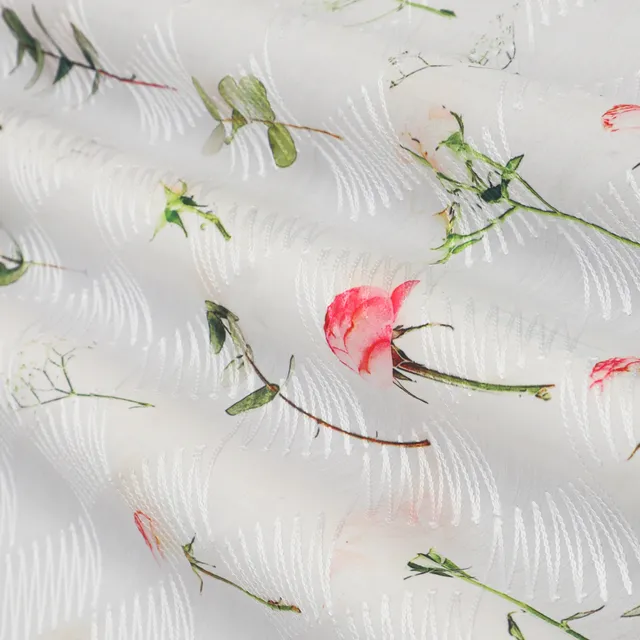 Pearl White Cotton Floral Print Self Embroidery Fabric