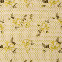 White & Chartreuse Green Cotton Floral Print Self Embroidery Fabric